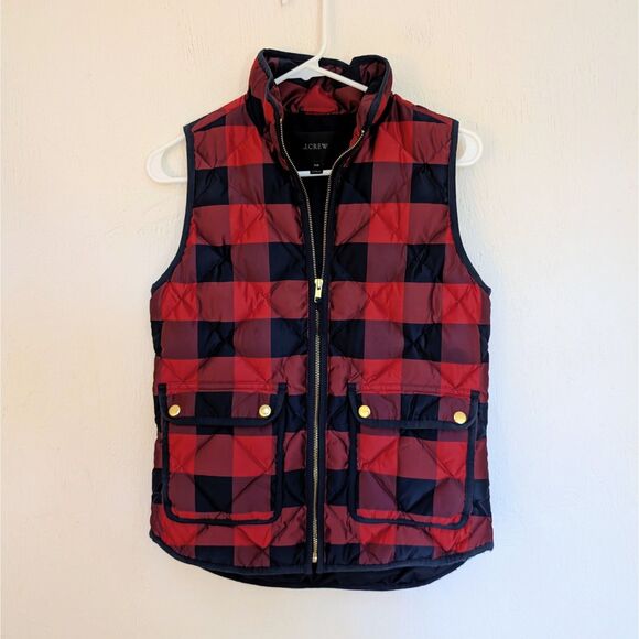 J.CREW Buffalo Check Vest XXS Puffer Red Blue Preppy Plaid Down Feather Jacket - Picture 1 of 6